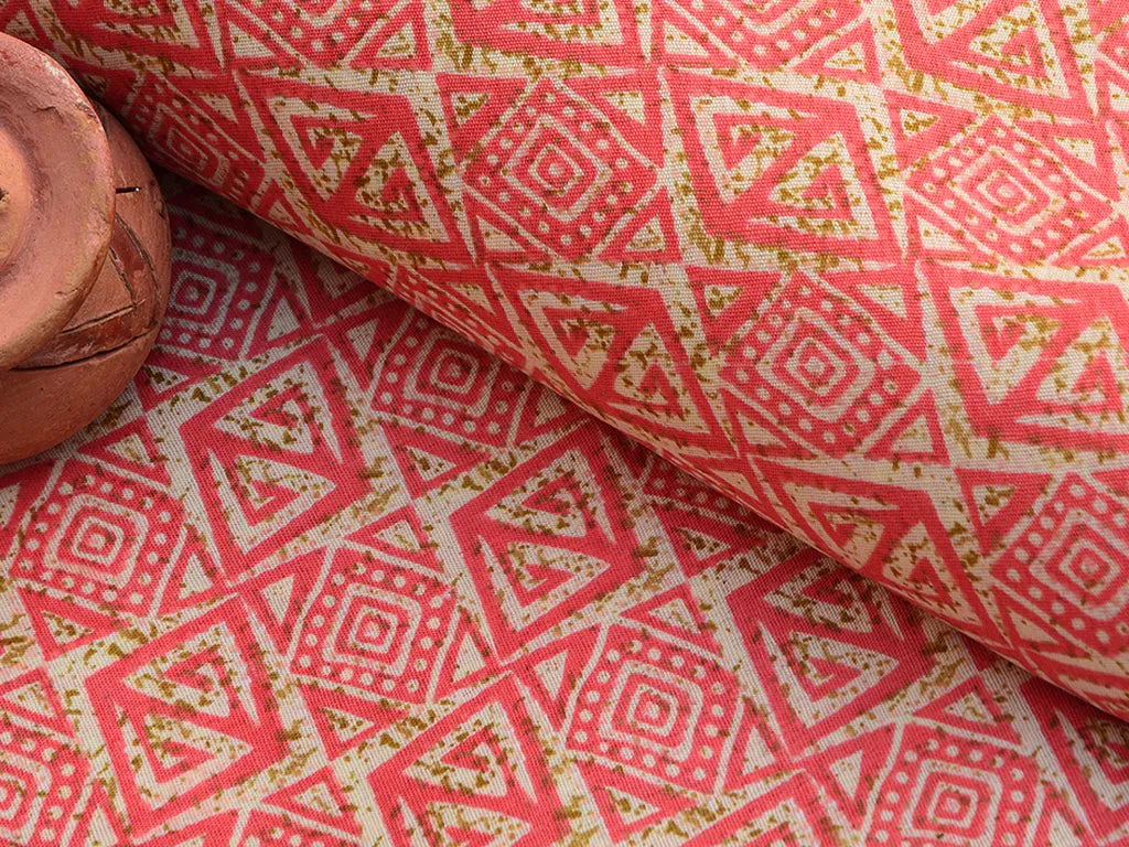 Salmon Pink Abstract Foil Digital Printed Slub Cotton Fabric