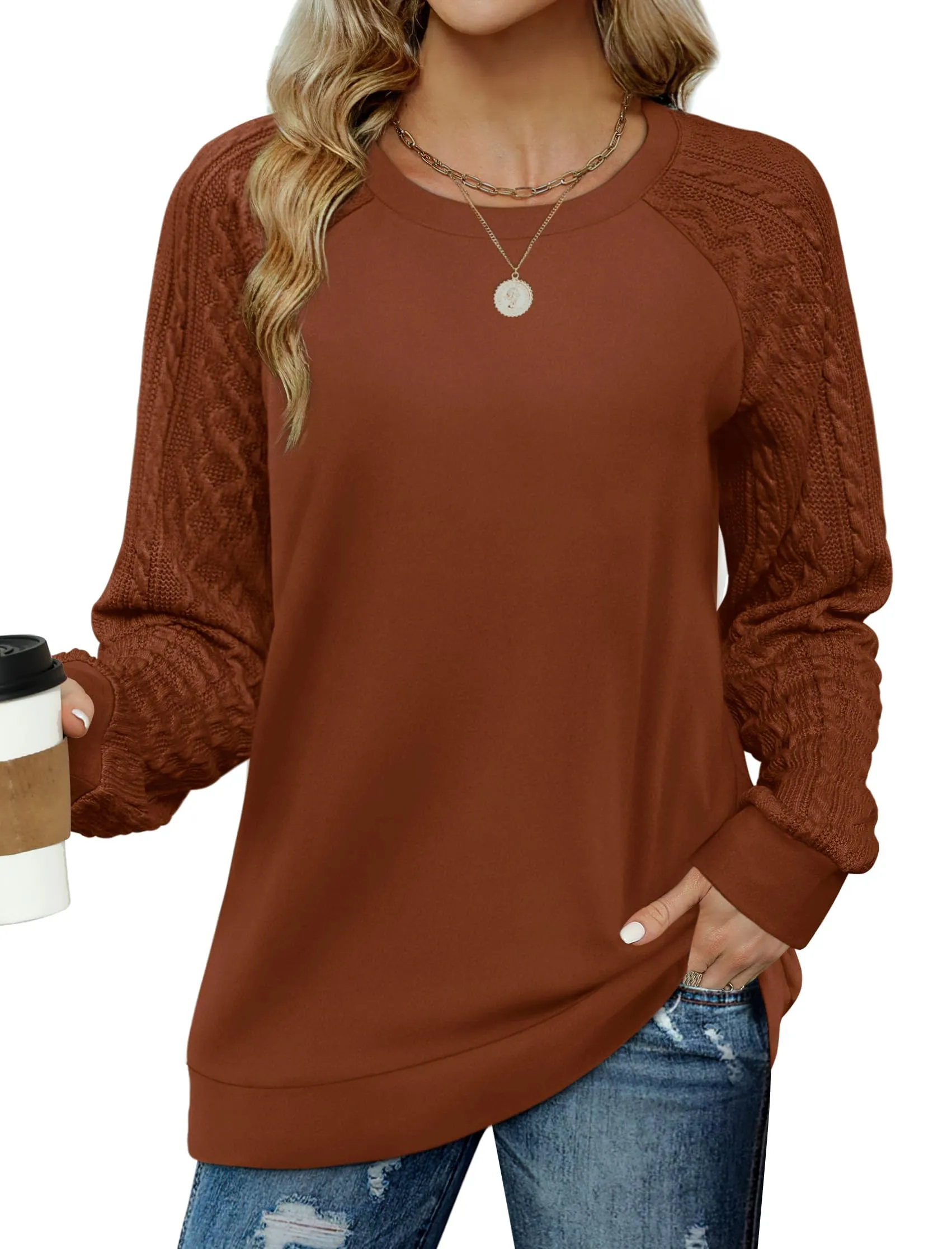 Saloogoe Womens Fashion 2024 Fall Sweaters Long Sleeve T Shirts for Women Trendy Caramel XL