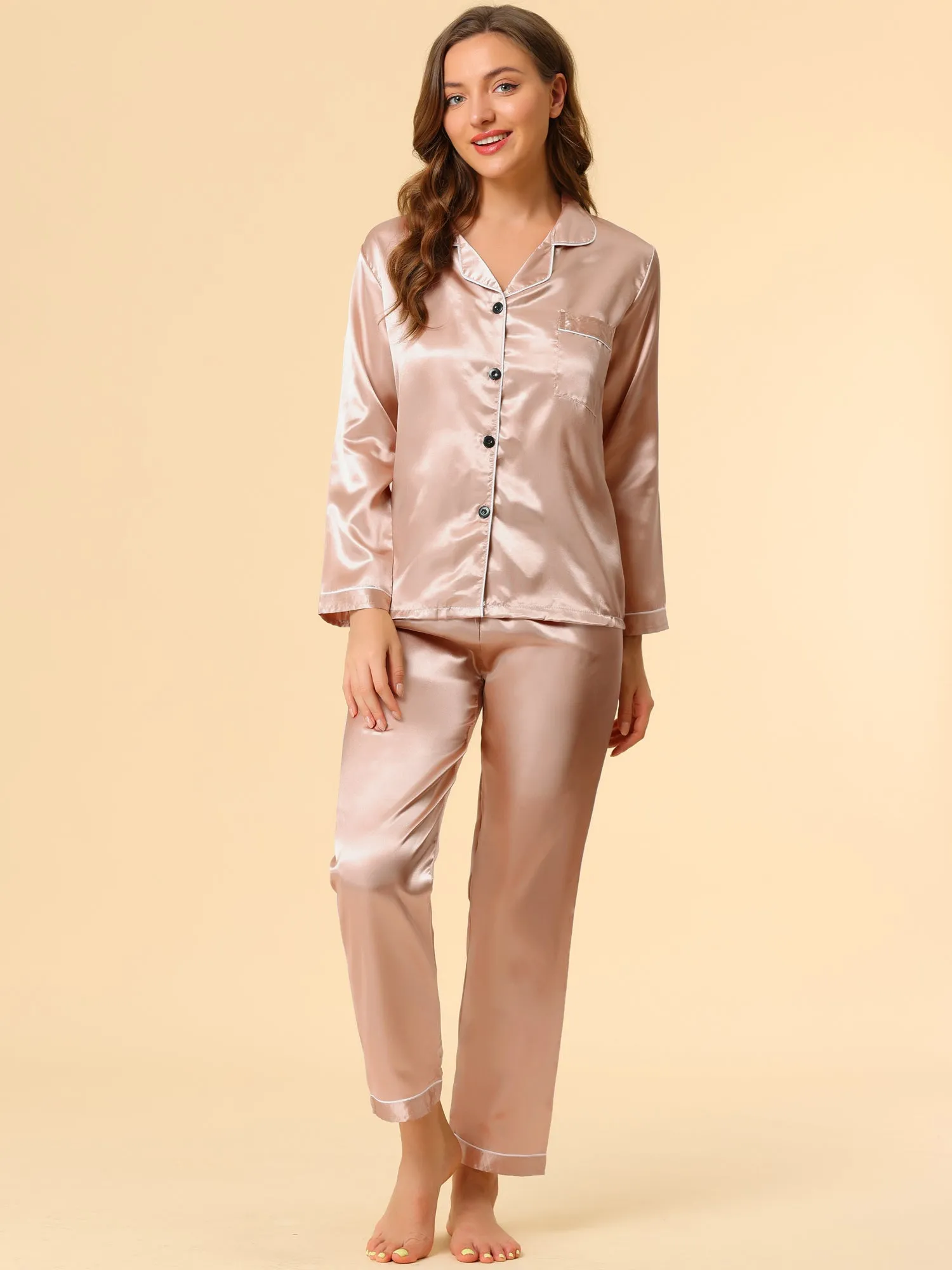 Satin Sleepwear Button Down Shirt Pants Lounge Pajama Set