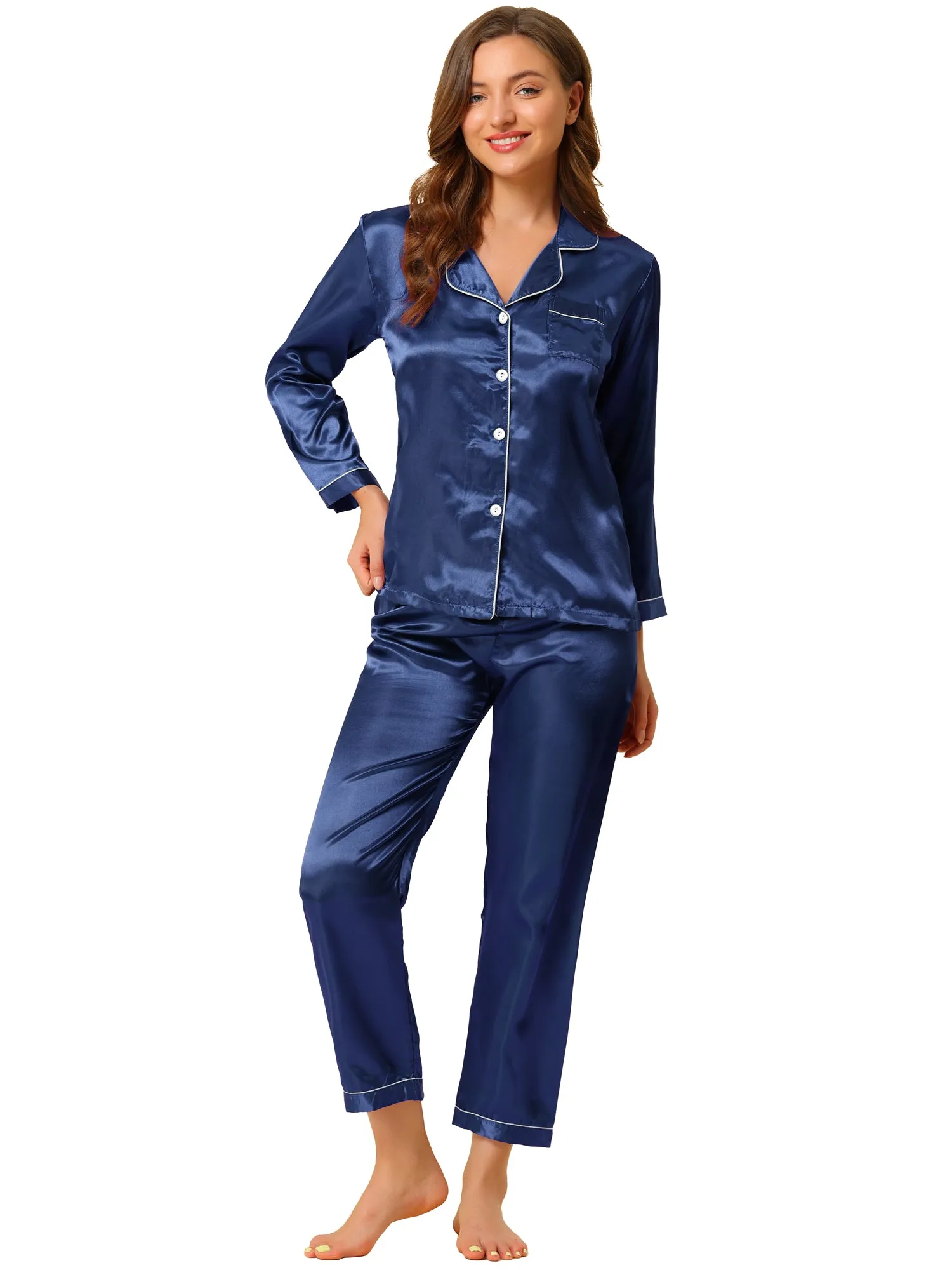 Satin Sleepwear Button Down Shirt Pants Lounge Pajama Set