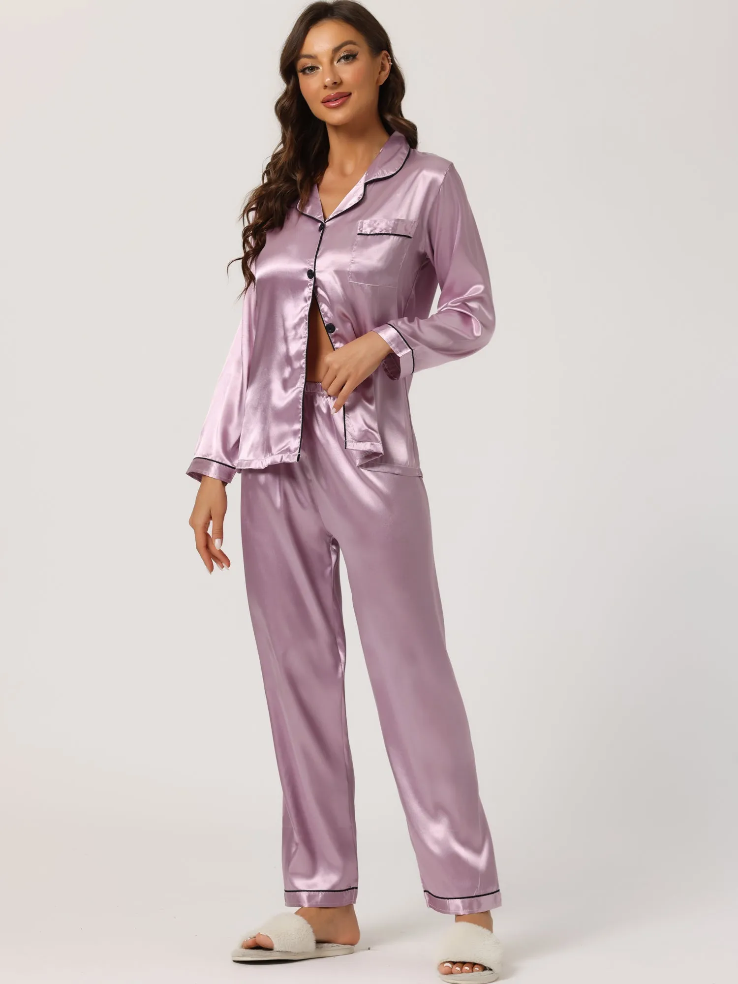 Satin Sleepwear Button Down Shirt Pants Lounge Pajama Set