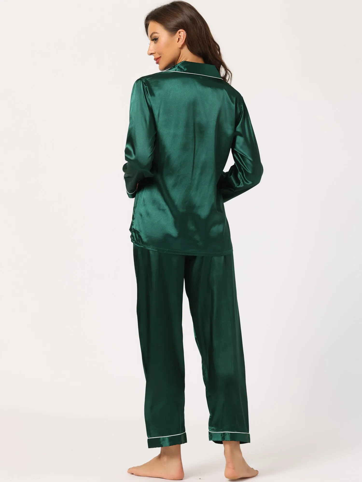 Satin Sleepwear Button Down Shirt Pants Lounge Pajama Set