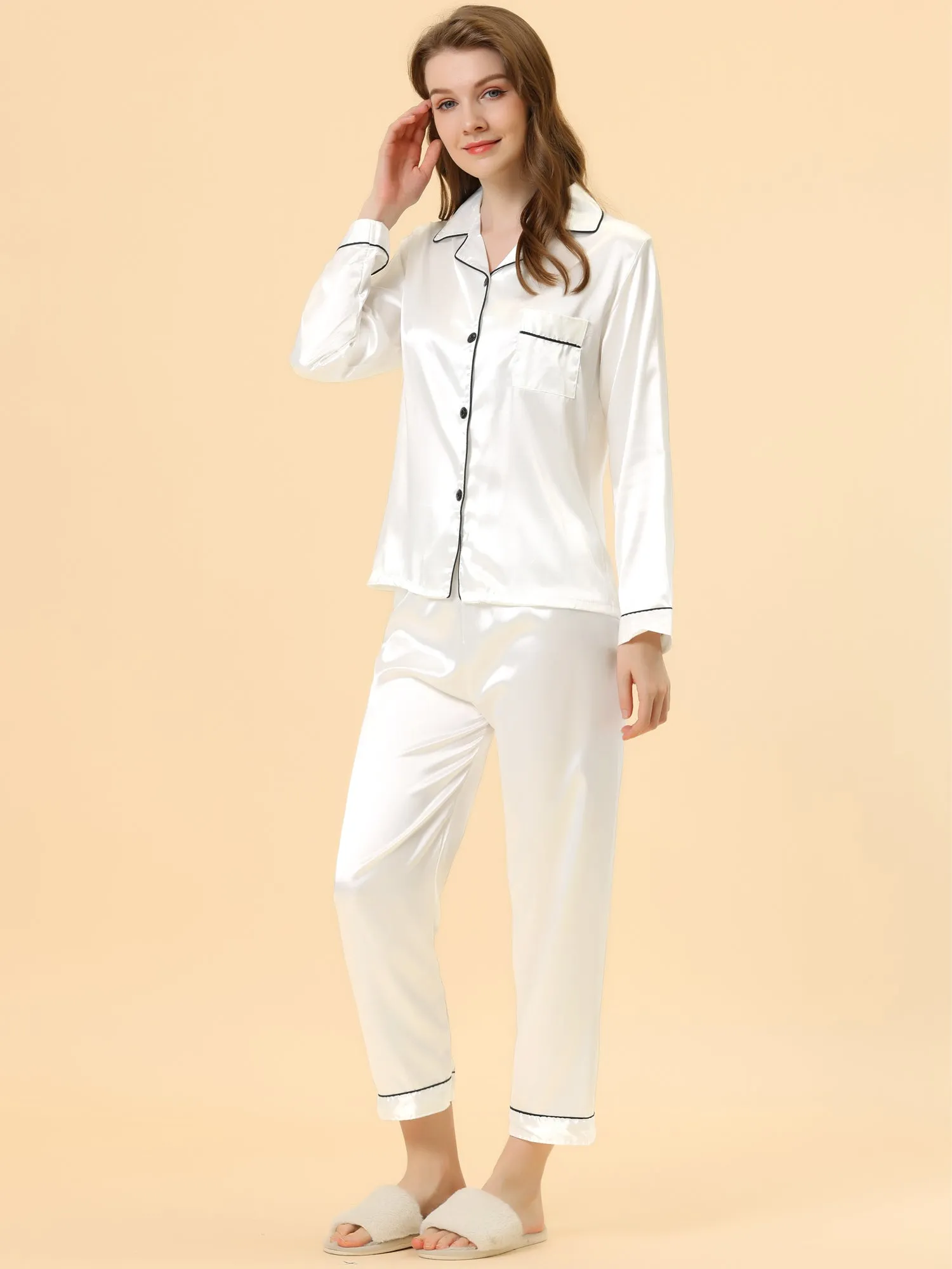 Satin Sleepwear Button Down Shirt Pants Lounge Pajama Set