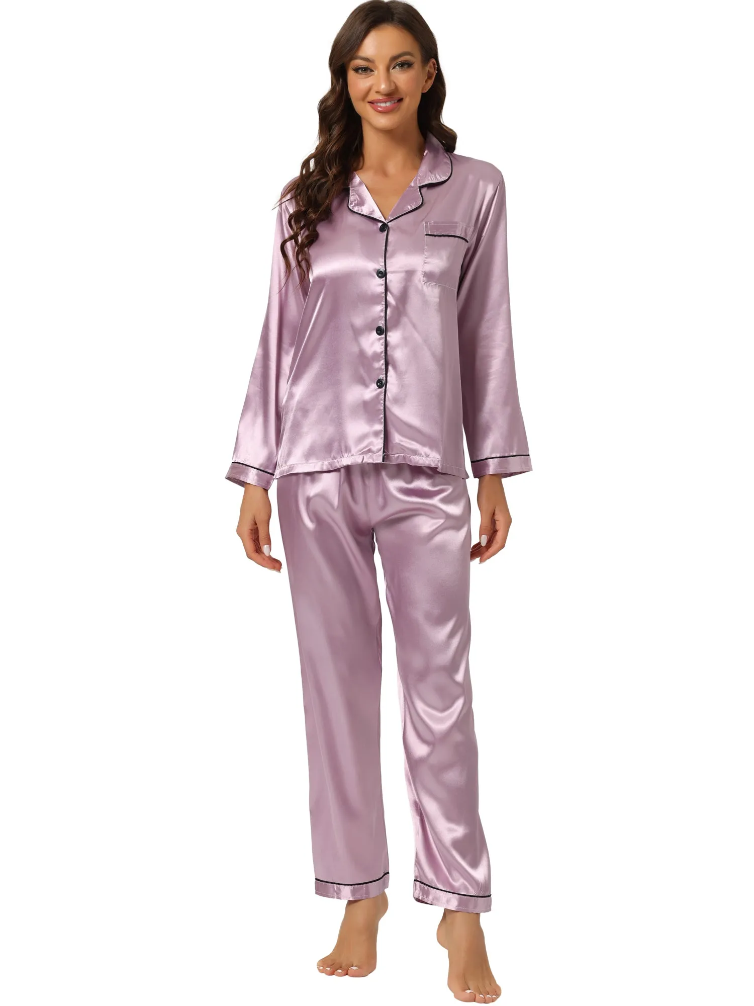 Satin Sleepwear Button Down Shirt Pants Lounge Pajama Set