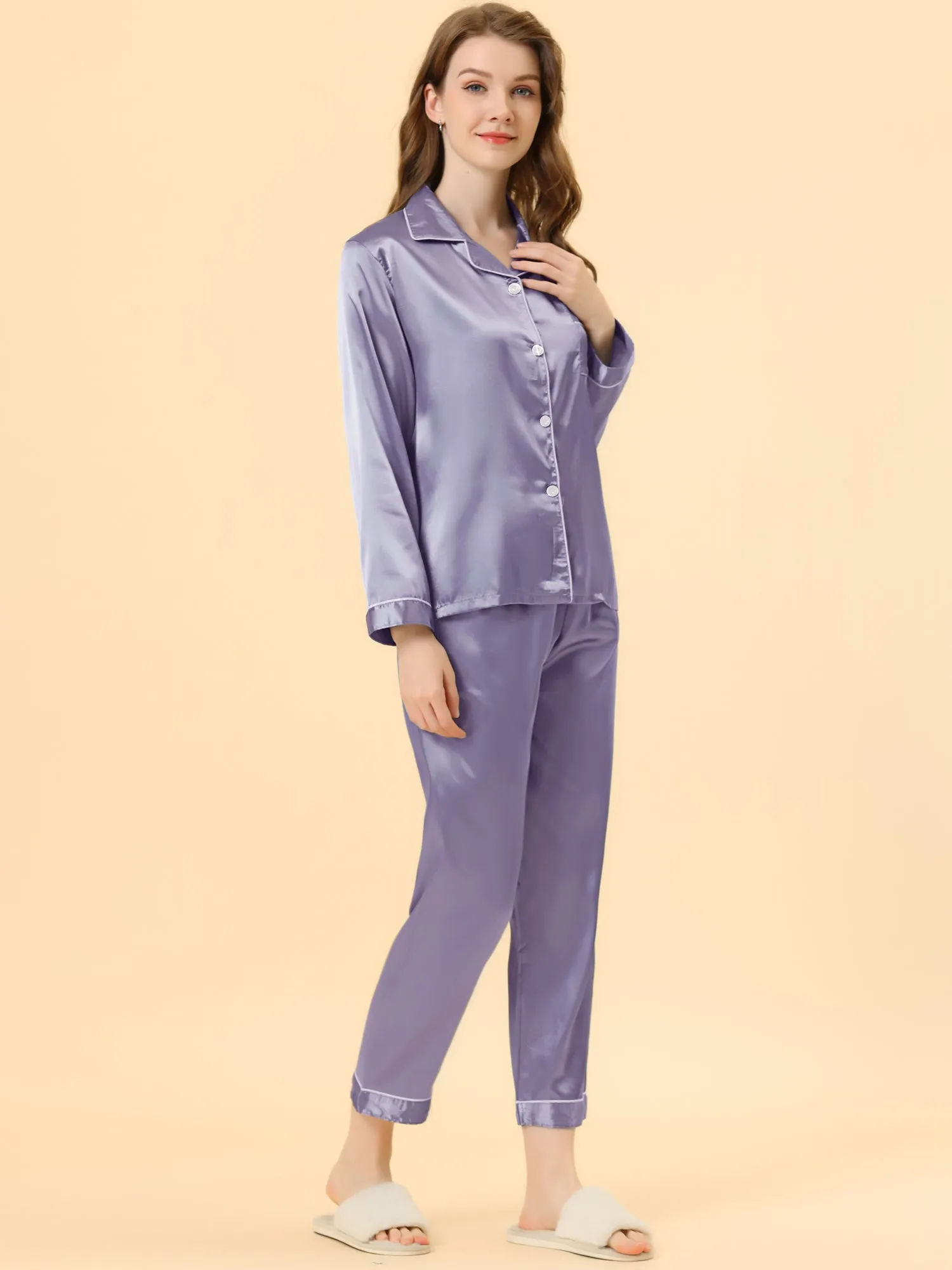 Satin Sleepwear Button Down Shirt Pants Lounge Pajama Set