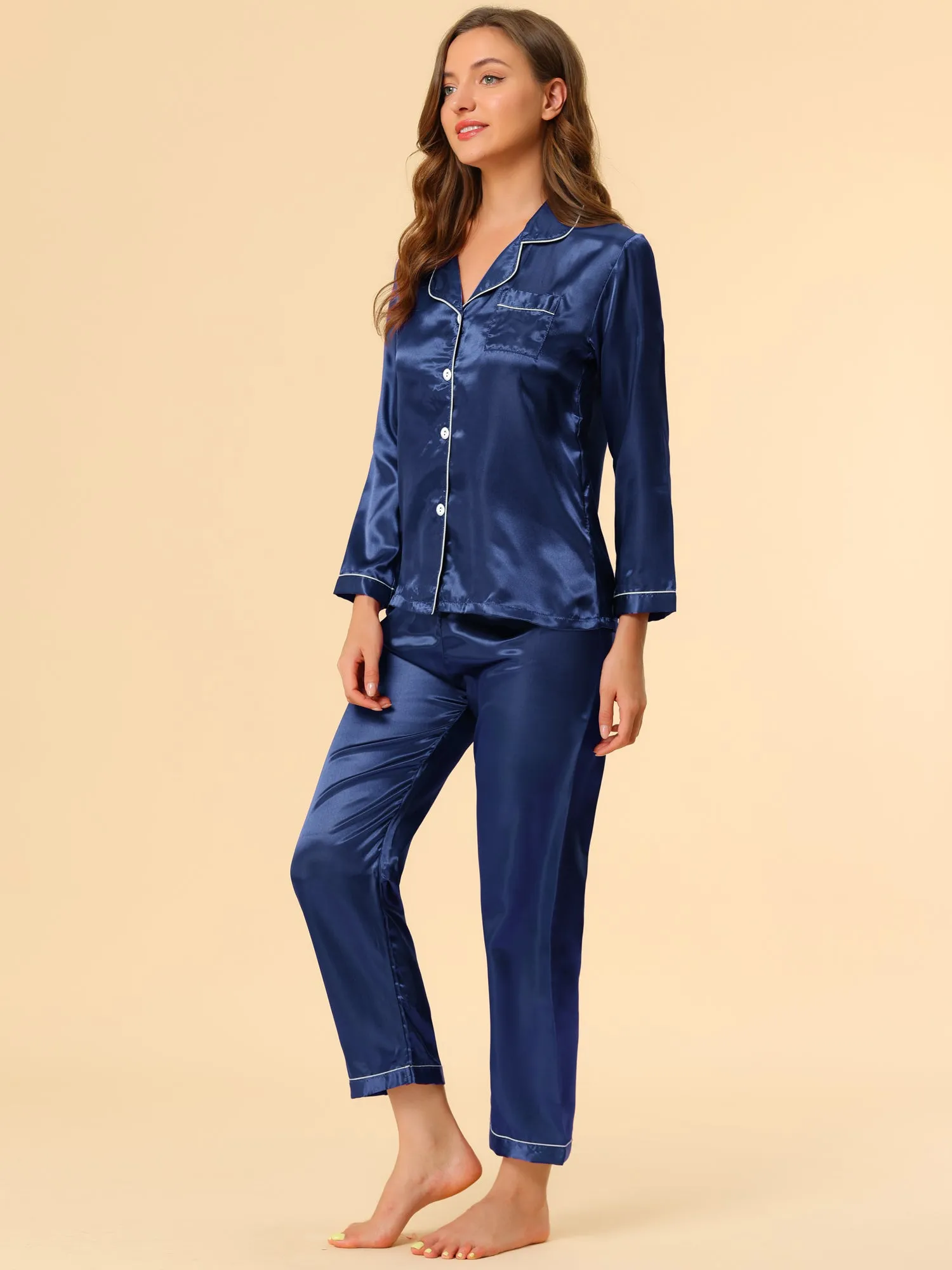 Satin Sleepwear Button Down Shirt Pants Lounge Pajama Set