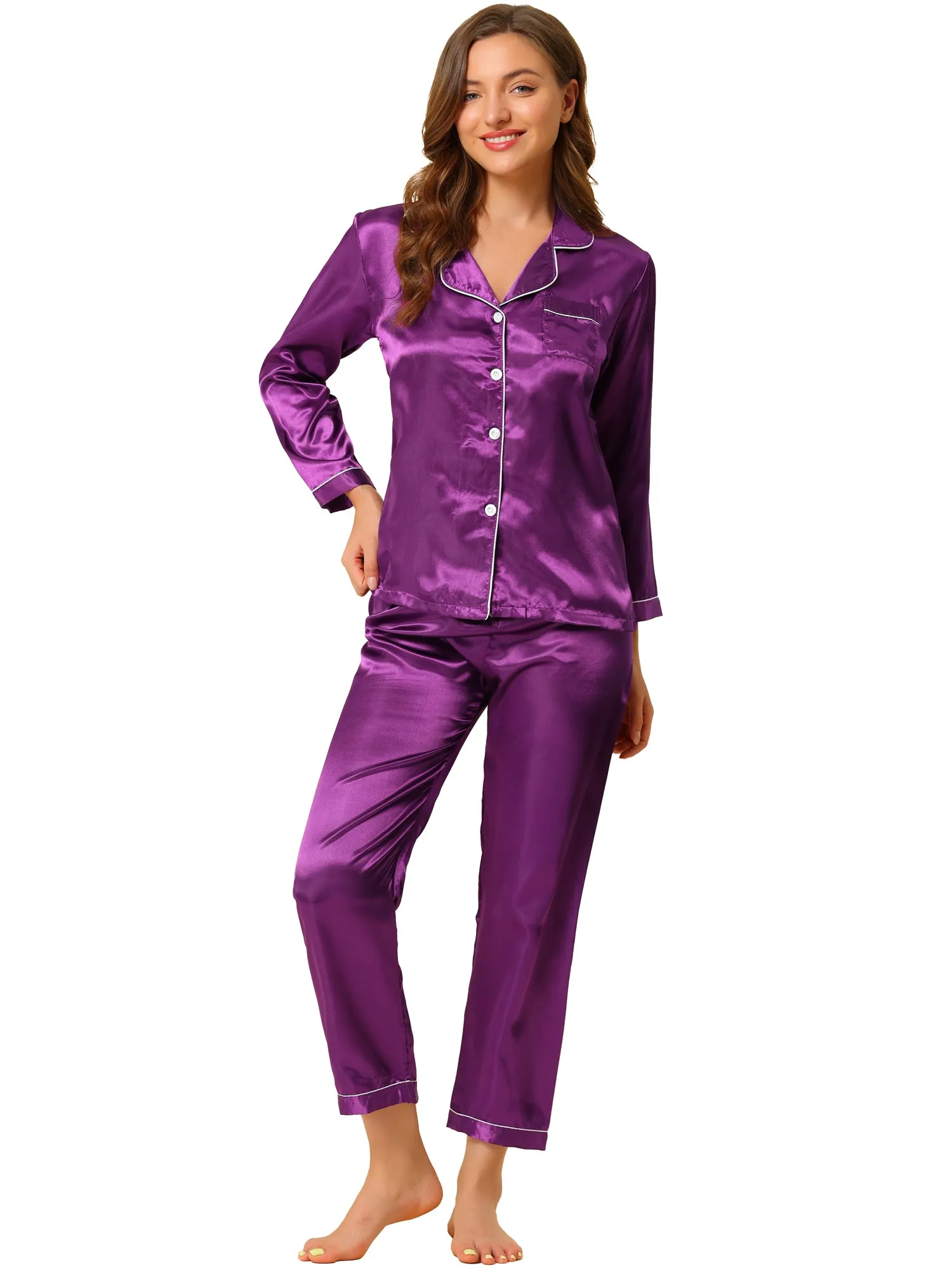 Satin Sleepwear Button Down Shirt Pants Lounge Pajama Set