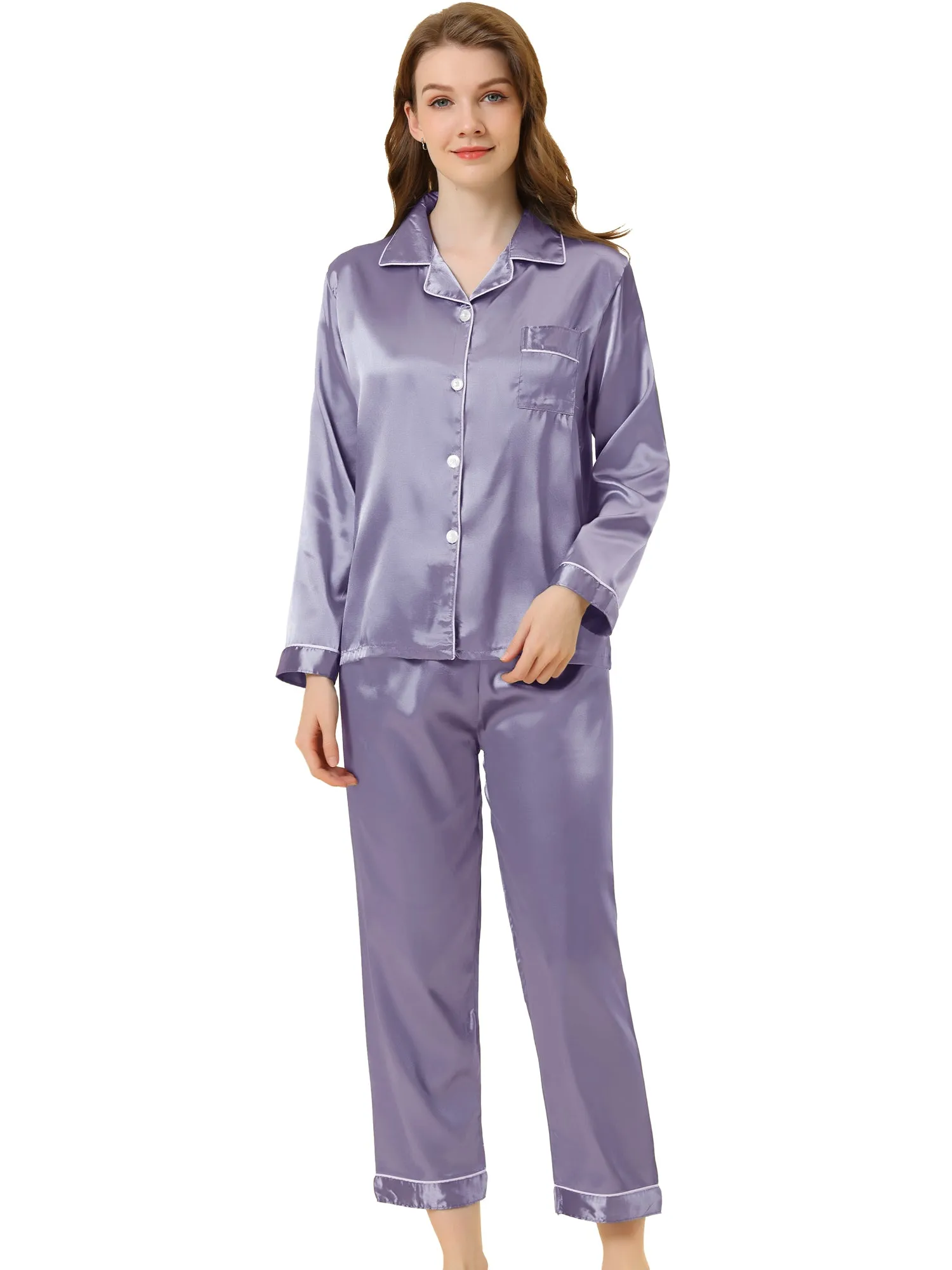 Satin Sleepwear Button Down Shirt Pants Lounge Pajama Set