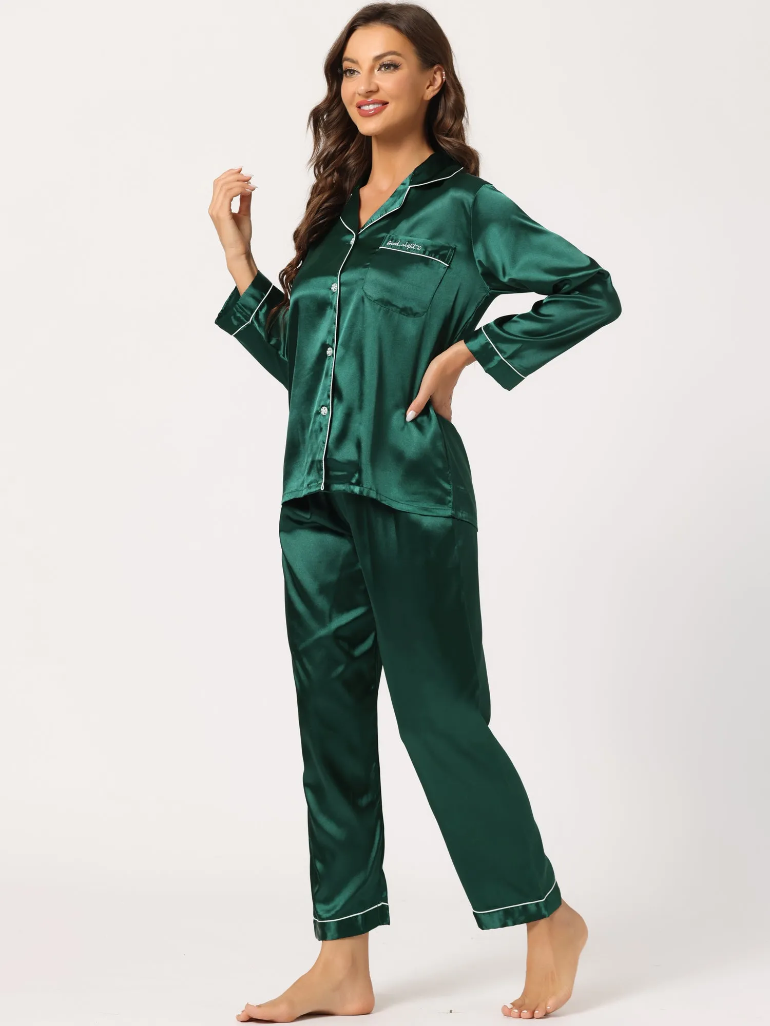 Satin Sleepwear Button Down Shirt Pants Lounge Pajama Set