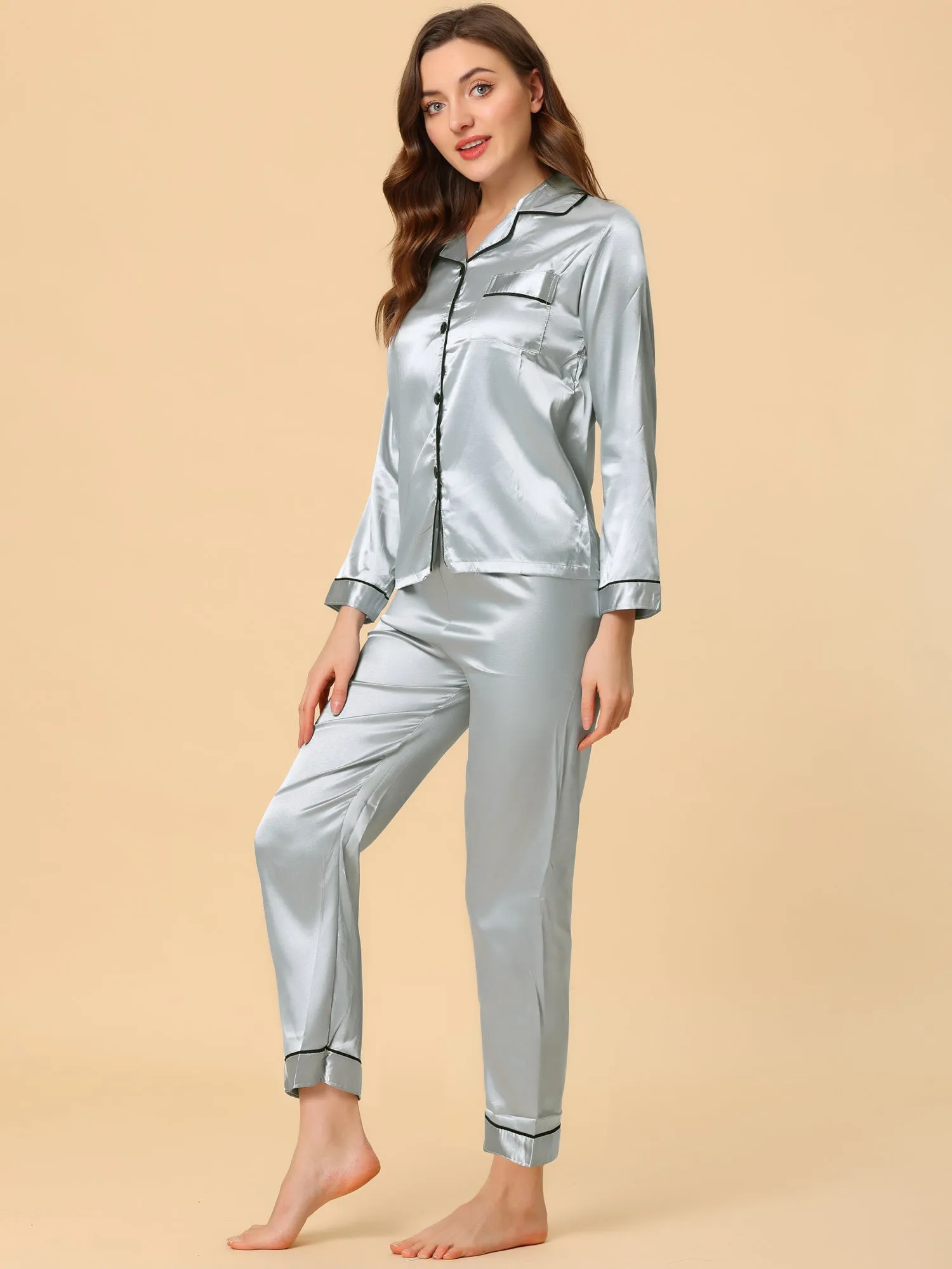 Satin Sleepwear Button Down Shirt Pants Lounge Pajama Set