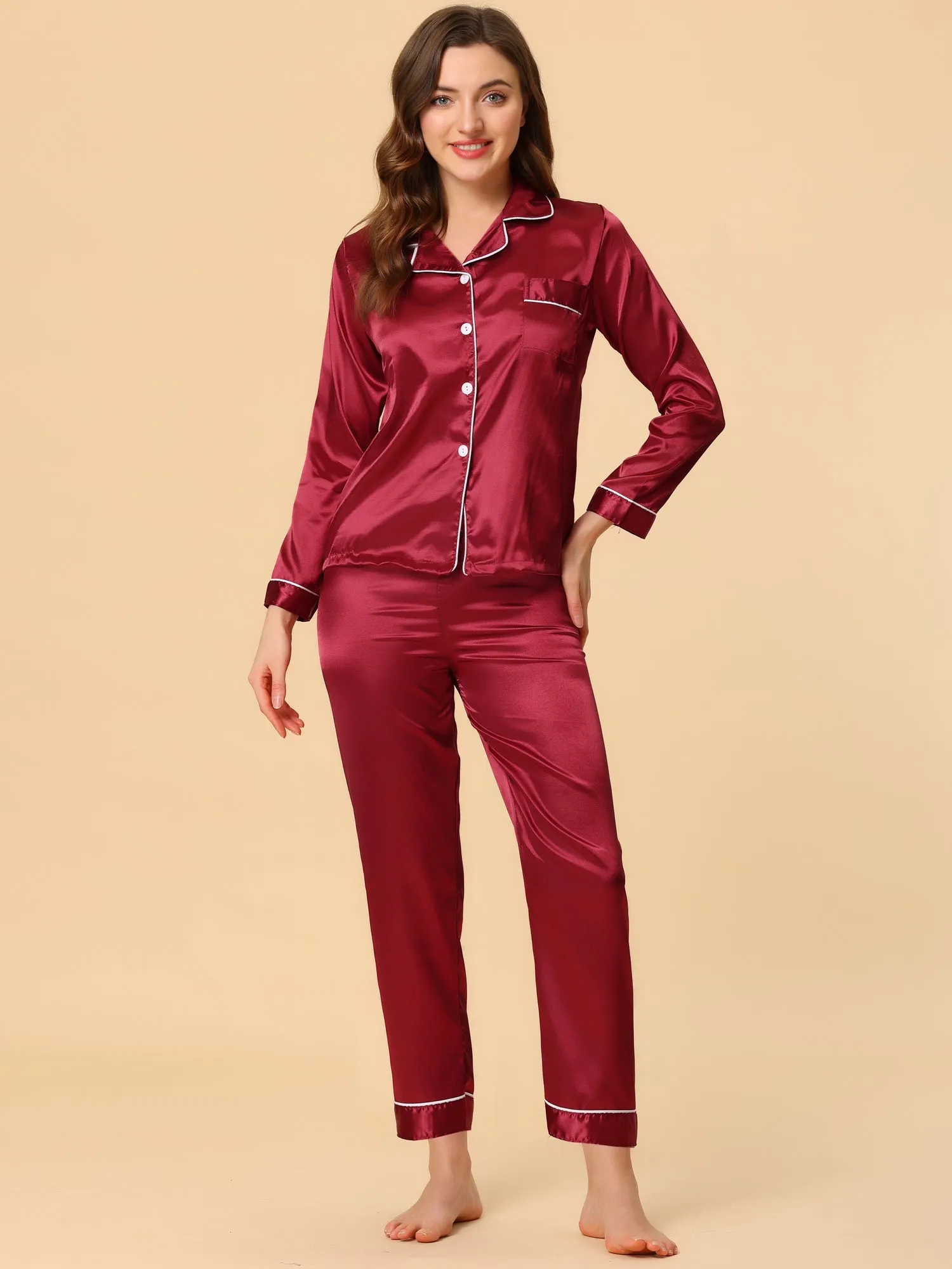 Satin Sleepwear Button Down Shirt Pants Lounge Pajama Set