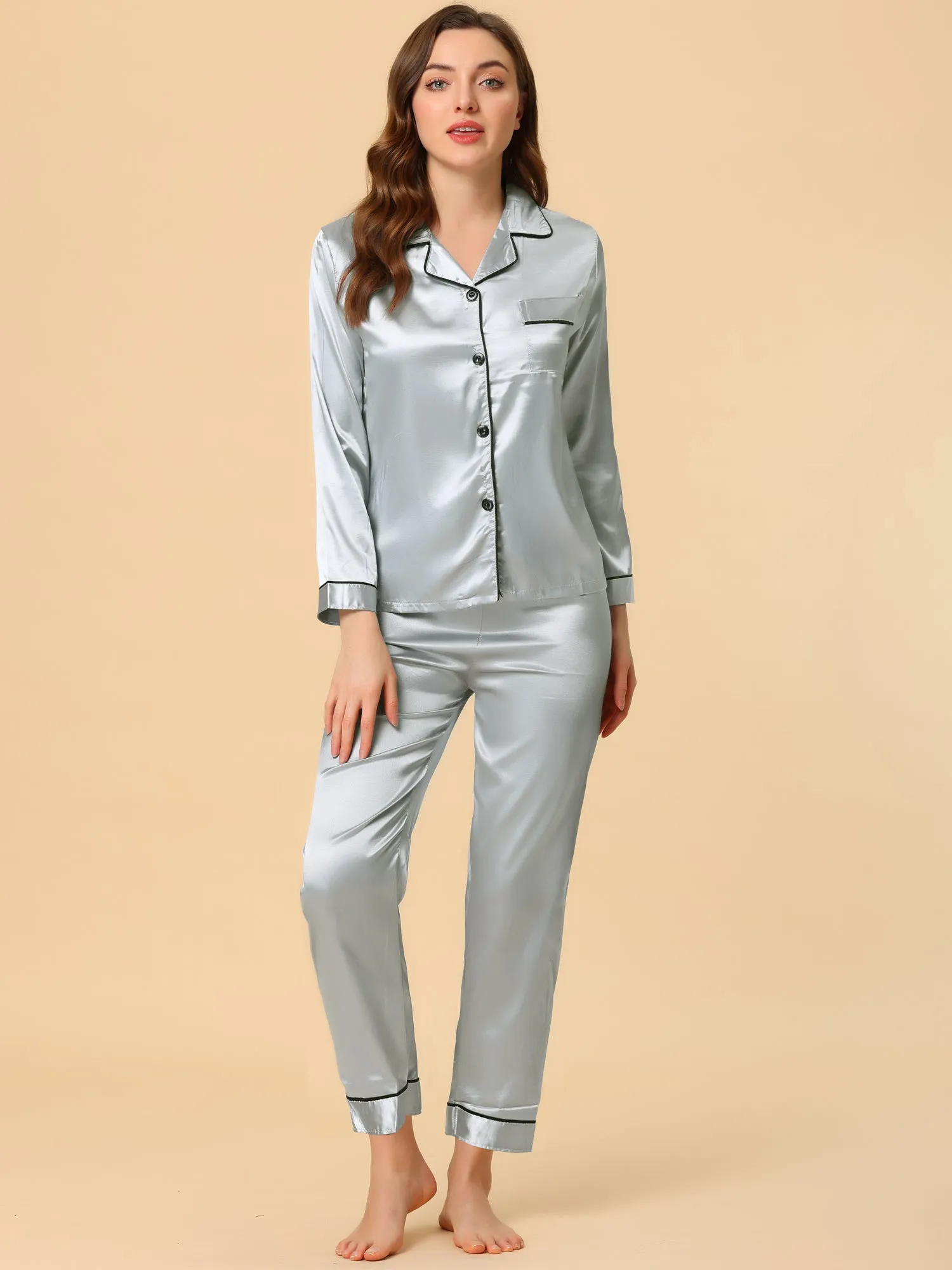 Satin Sleepwear Button Down Shirt Pants Lounge Pajama Set