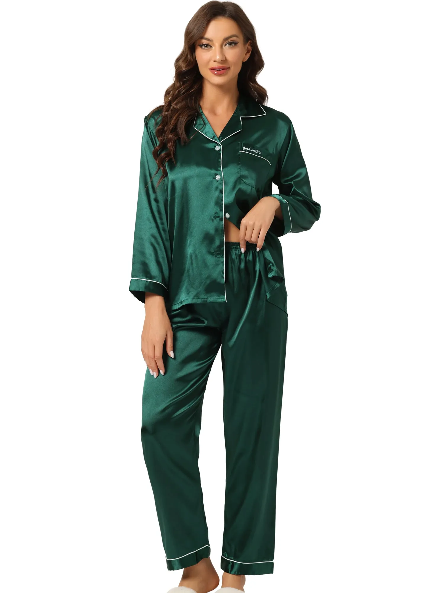 Satin Sleepwear Button Down Shirt Pants Lounge Pajama Set