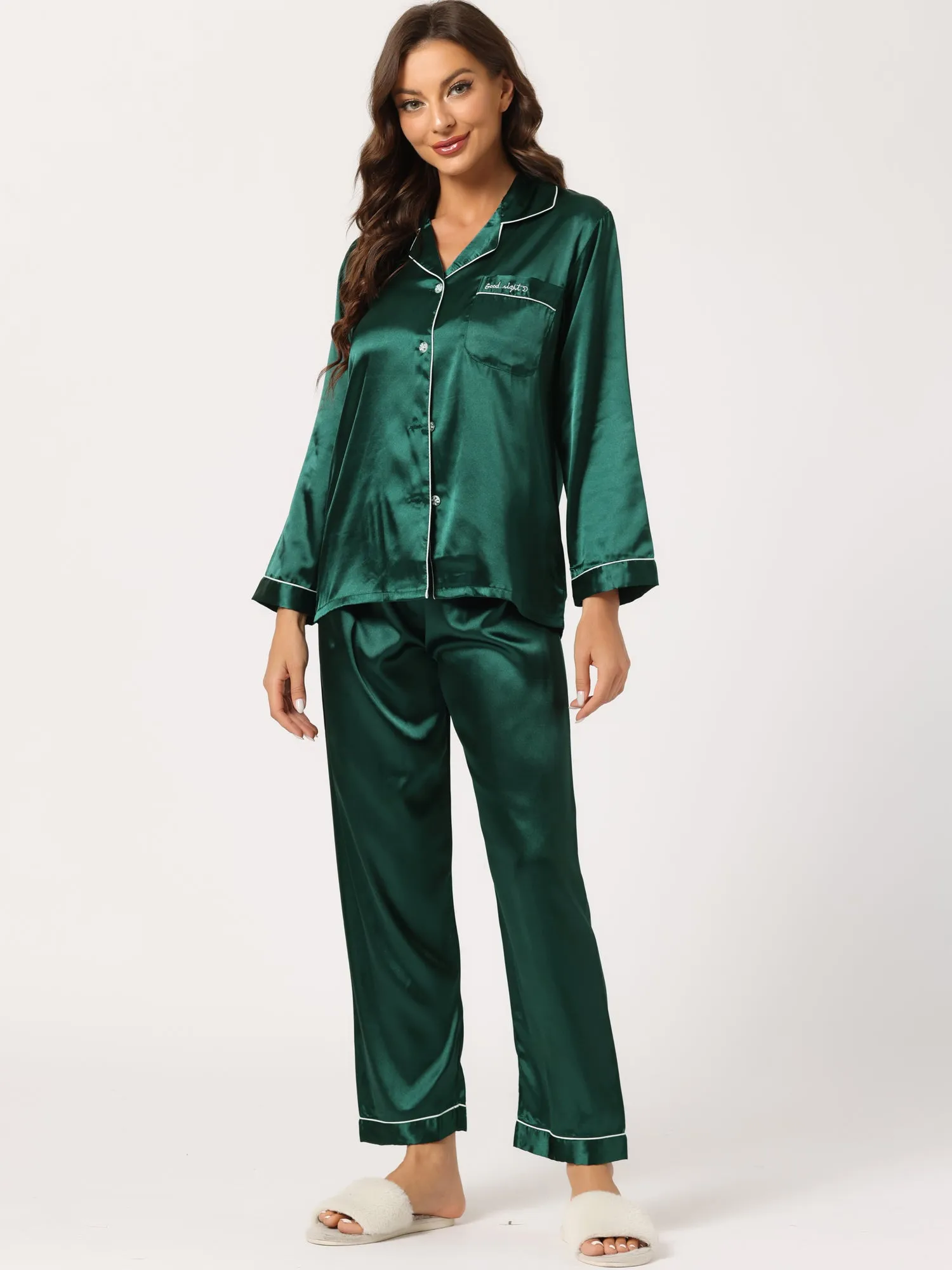 Satin Sleepwear Button Down Shirt Pants Lounge Pajama Set