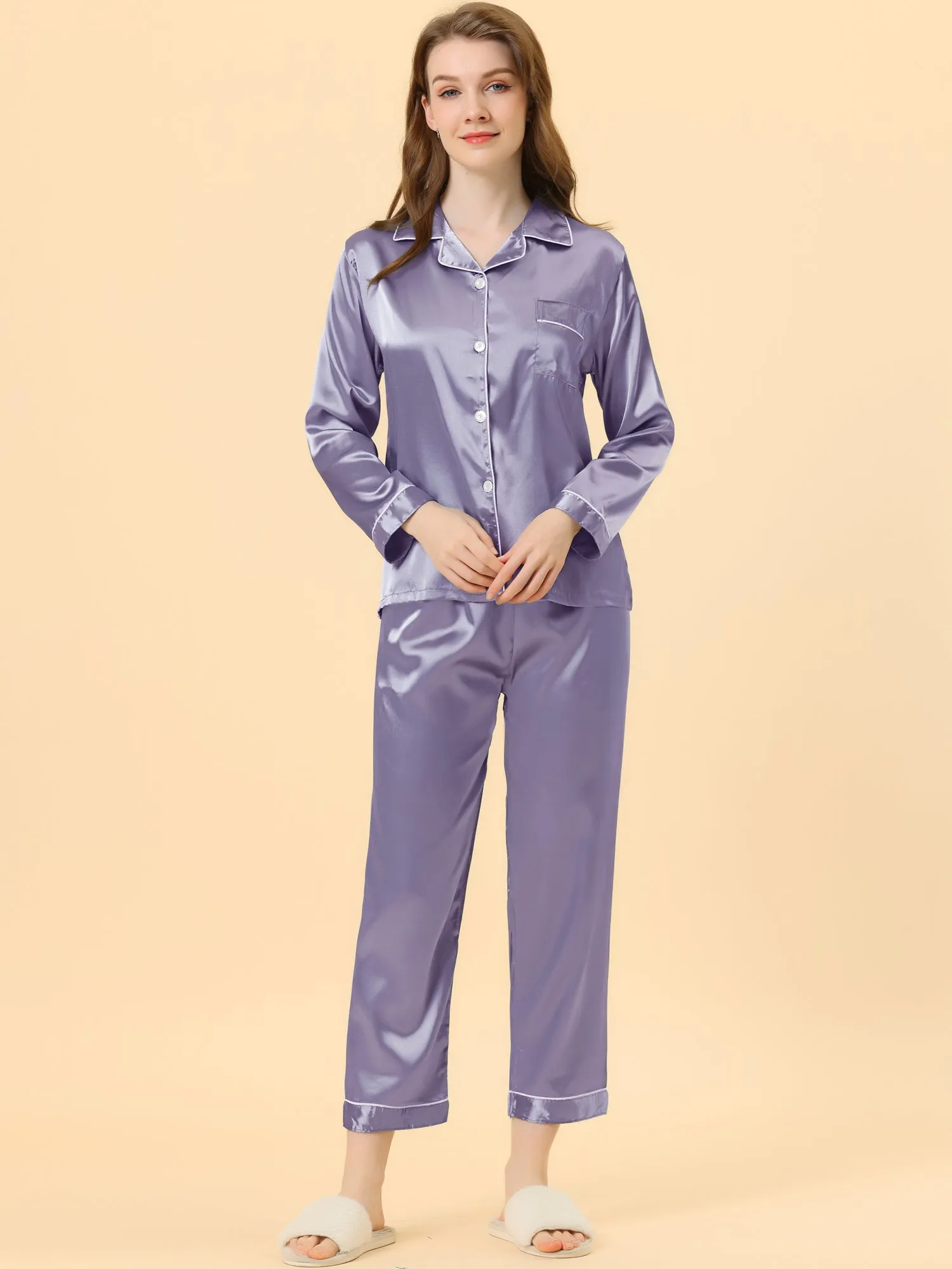 Satin Sleepwear Button Down Shirt Pants Lounge Pajama Set