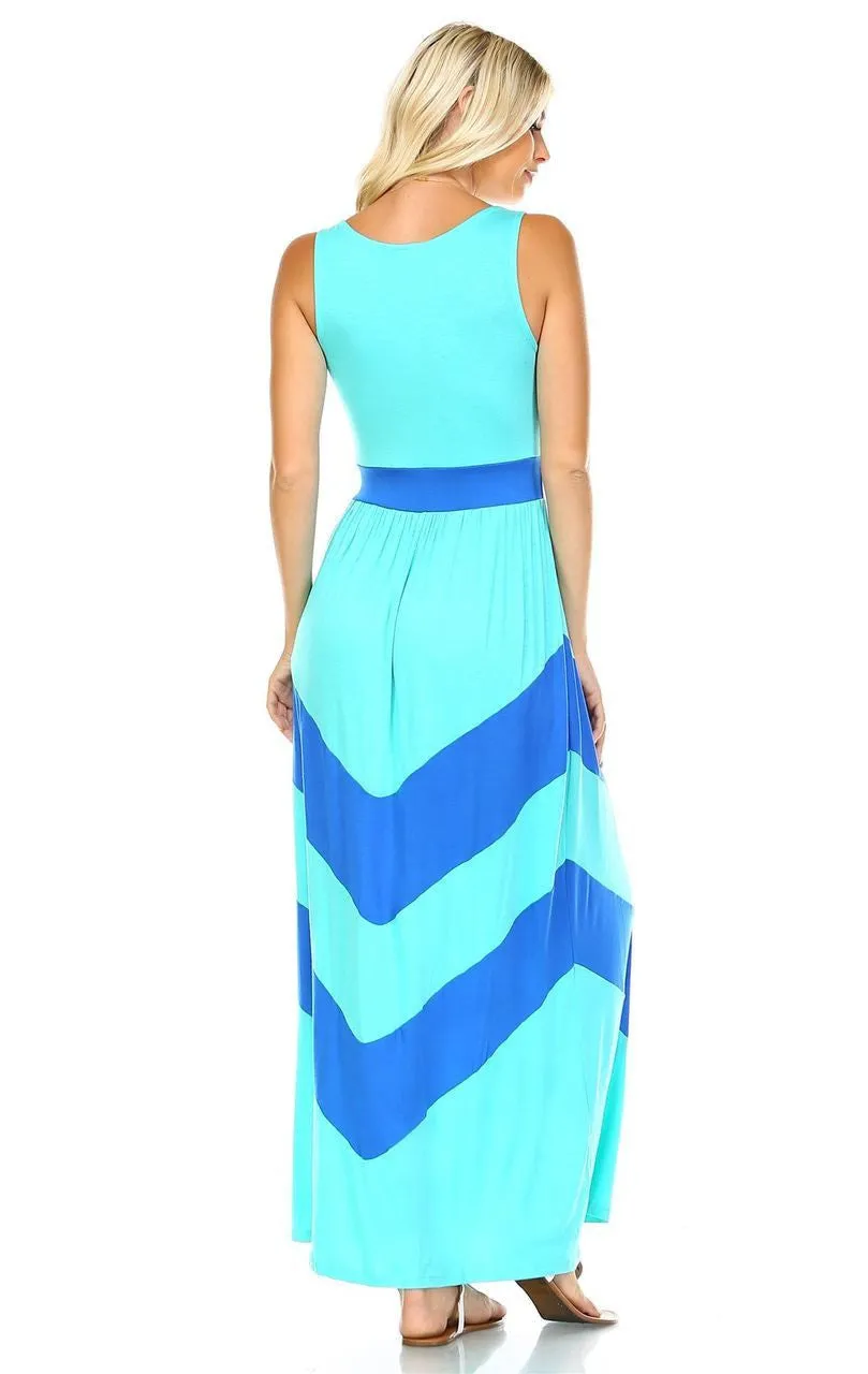 Sleeveless Evening Chevron Maxi Dress Mint Aqua Royal Blue