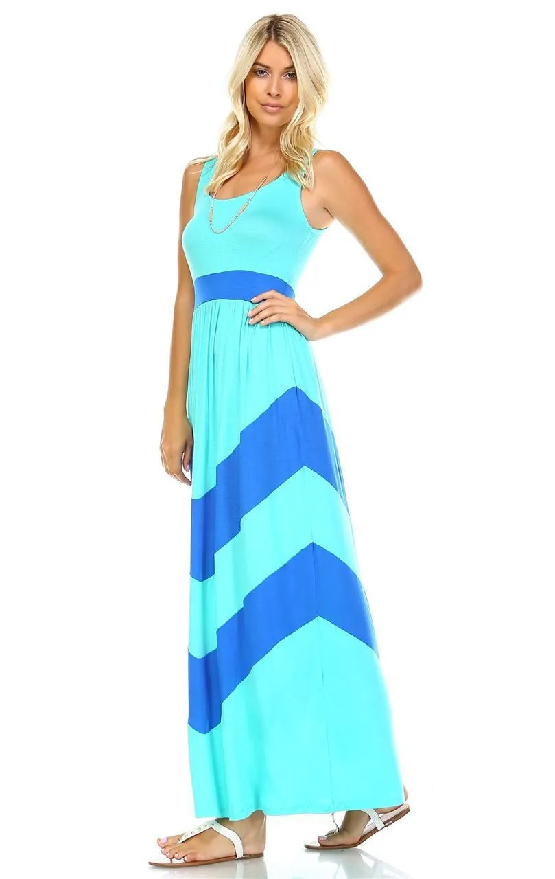 Sleeveless Evening Chevron Maxi Dress Mint Aqua Royal Blue