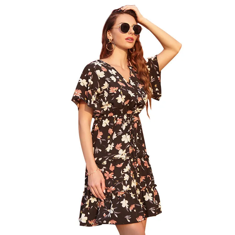 Small Fresh V-Neck Chiffon Daisy Floral Midi Dress Wholesale Dresses