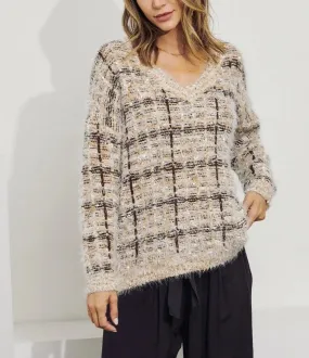 Textured Brown Plaid Pullover Sweater