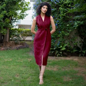 Wine Warm Cotton Corduroy Sleeveless Midi Blazer Dress