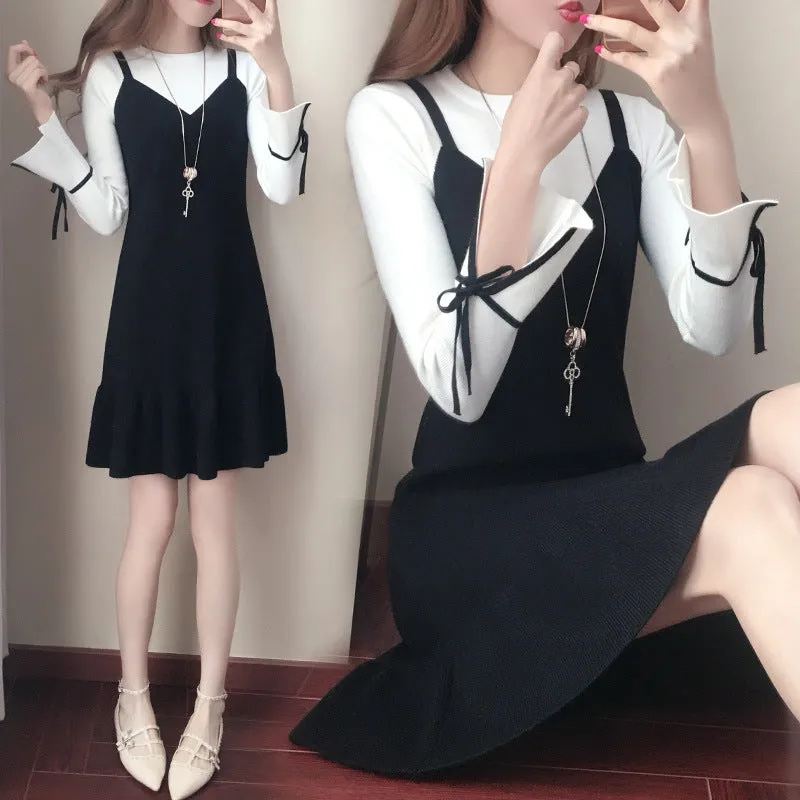 Women Korean Slim Look Ruffle Collar Fishtail Fresh Looking Two-Piece Sets Dress