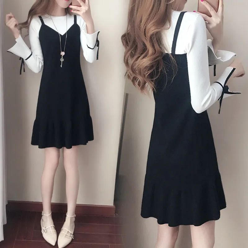 Women Korean Slim Look Ruffle Collar Fishtail Fresh Looking Two-Piece Sets Dress